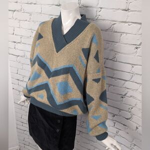 Vintage Knit Vneck, Geometric pattern, Rodier Paris, loose fit